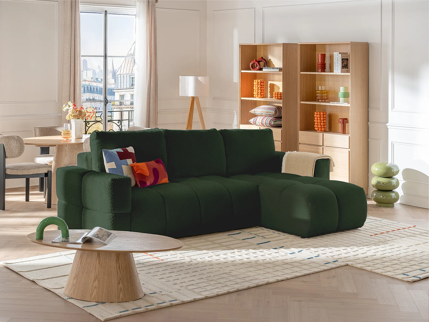 Canapé d'angle réversible convertible en tissu bouclette vert ISSORO