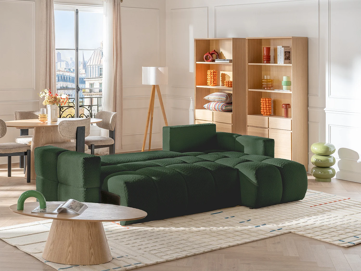 Canapé d'angle réversible convertible en tissu bouclette vert ISSORO