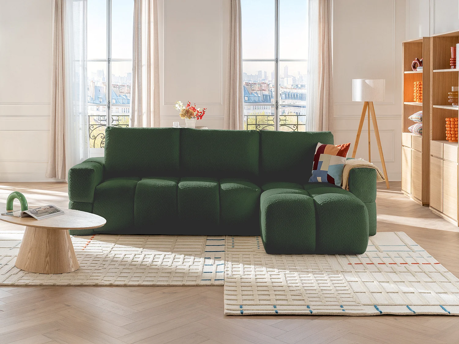 Canapé d'angle réversible convertible en tissu bouclette vert ISSORO