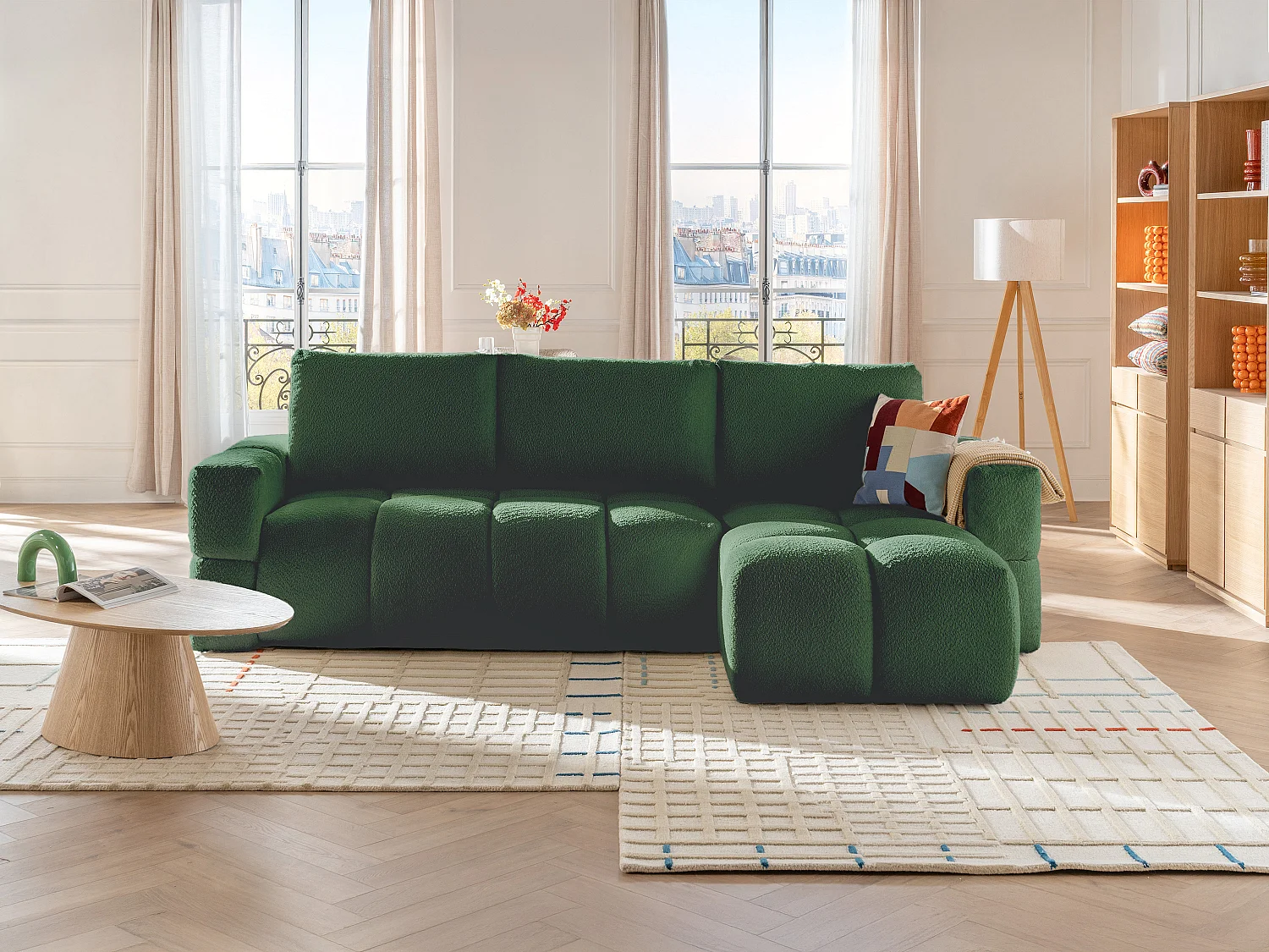 Canapé d'angle réversible convertible en tissu bouclette vert ISSORO