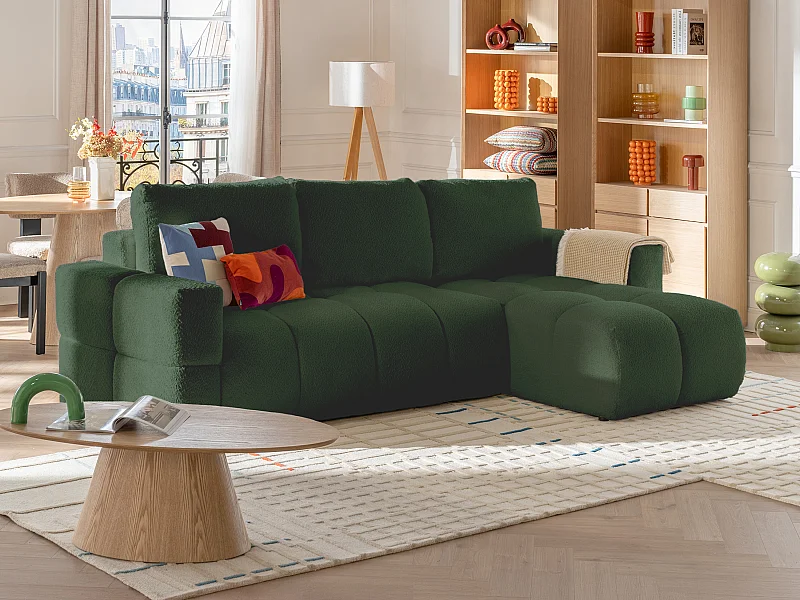 Omkeerbare hoekslaapbank in groene bouclé stof - ISSORO