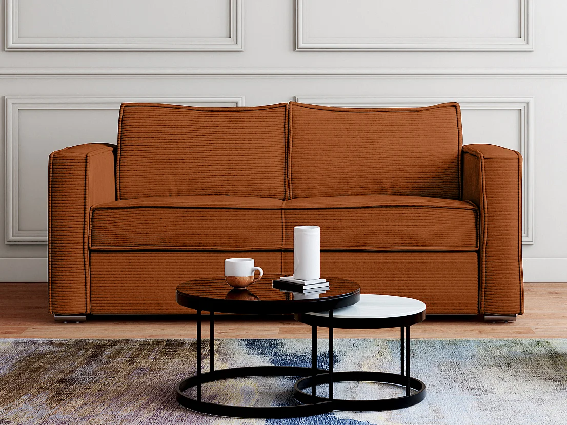 Canapé 3 places convertible express en velours côtelé terracotta - Couchage à lattes larges 140 cm - Matelas 18 cm LORETO