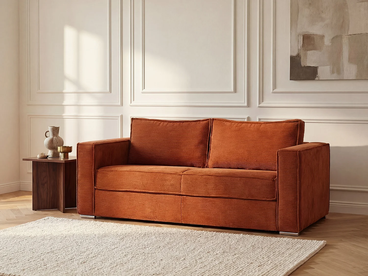 Canapé 3 places convertible express en velours côtelé terracotta - Couchage à lattes larges 140 cm - Matelas 18 cm LORETO