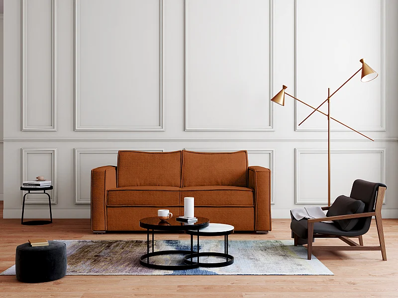 Divano letto 3 posti express in velluto a coste terracotta Letto con doghe larghe 140 cm Materasso 14 cm - LORETO