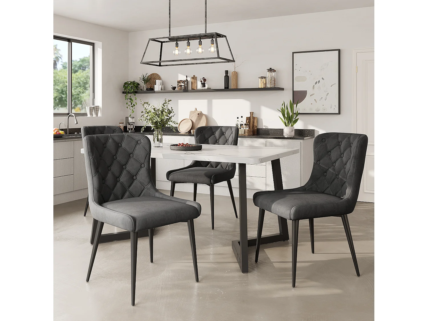 Lot de 4 chaises de salle à manger avec dossier rembourré et pieds en fer noir - velours gris