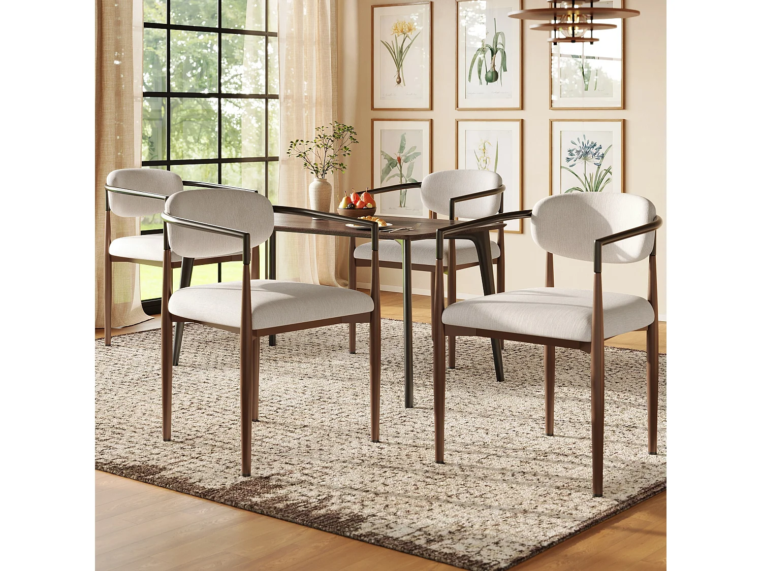 Juego de 4 sillas de comedor, lino beige, diseño ergonómico, patas ajustables