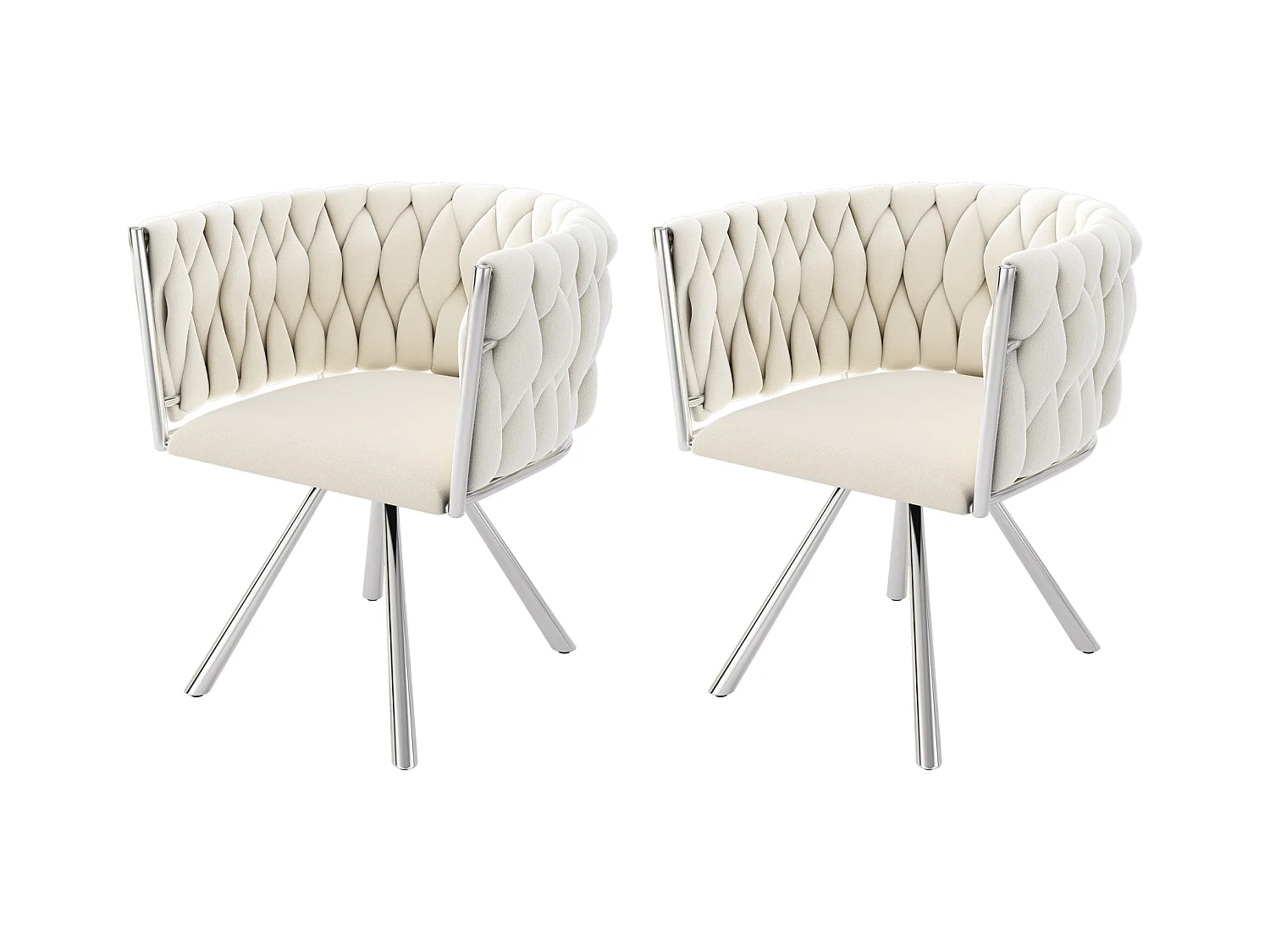 Lot de 2 chaises en velours beige, dossier rembourré, pieds en métal argenté - pour salle à manger et salon