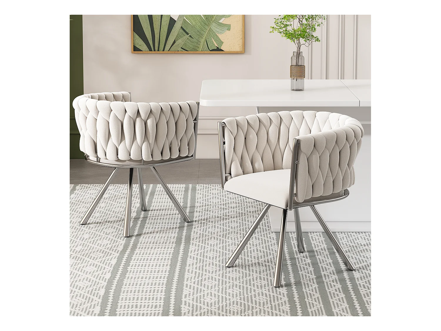 Lot de 2 chaises en velours beige, dossier rembourré, pieds en métal argenté - pour salle à manger et salon