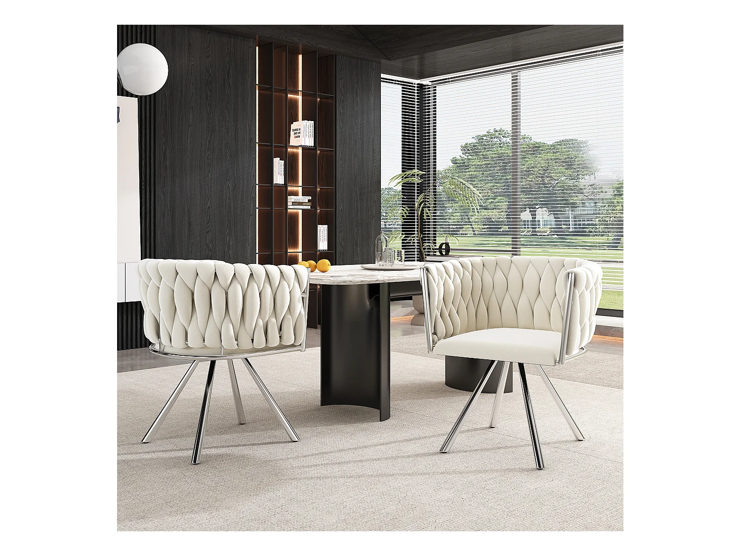 Lot de 2 chaises en velours beige, dossier rembourré, pieds en métal argenté - pour salle à manger et salon