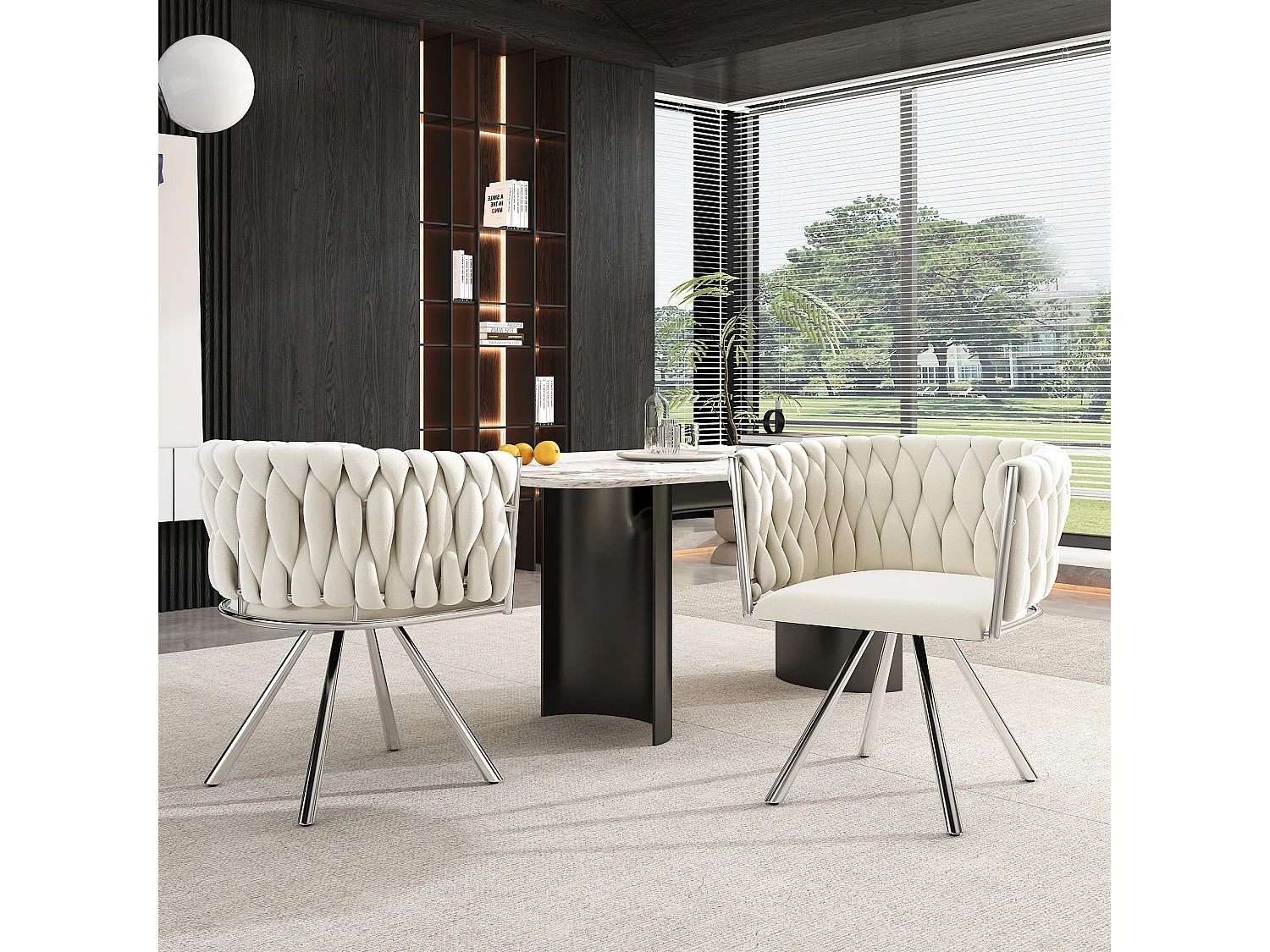 Lot de 2 chaises en velours beige, dossier rembourré, pieds en métal argenté - pour salle à manger et salon