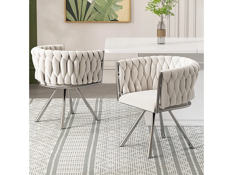 Lot de 2 chaises en velours beige, dossier rembourré, pieds en métal argenté - pour salle à manger et salon