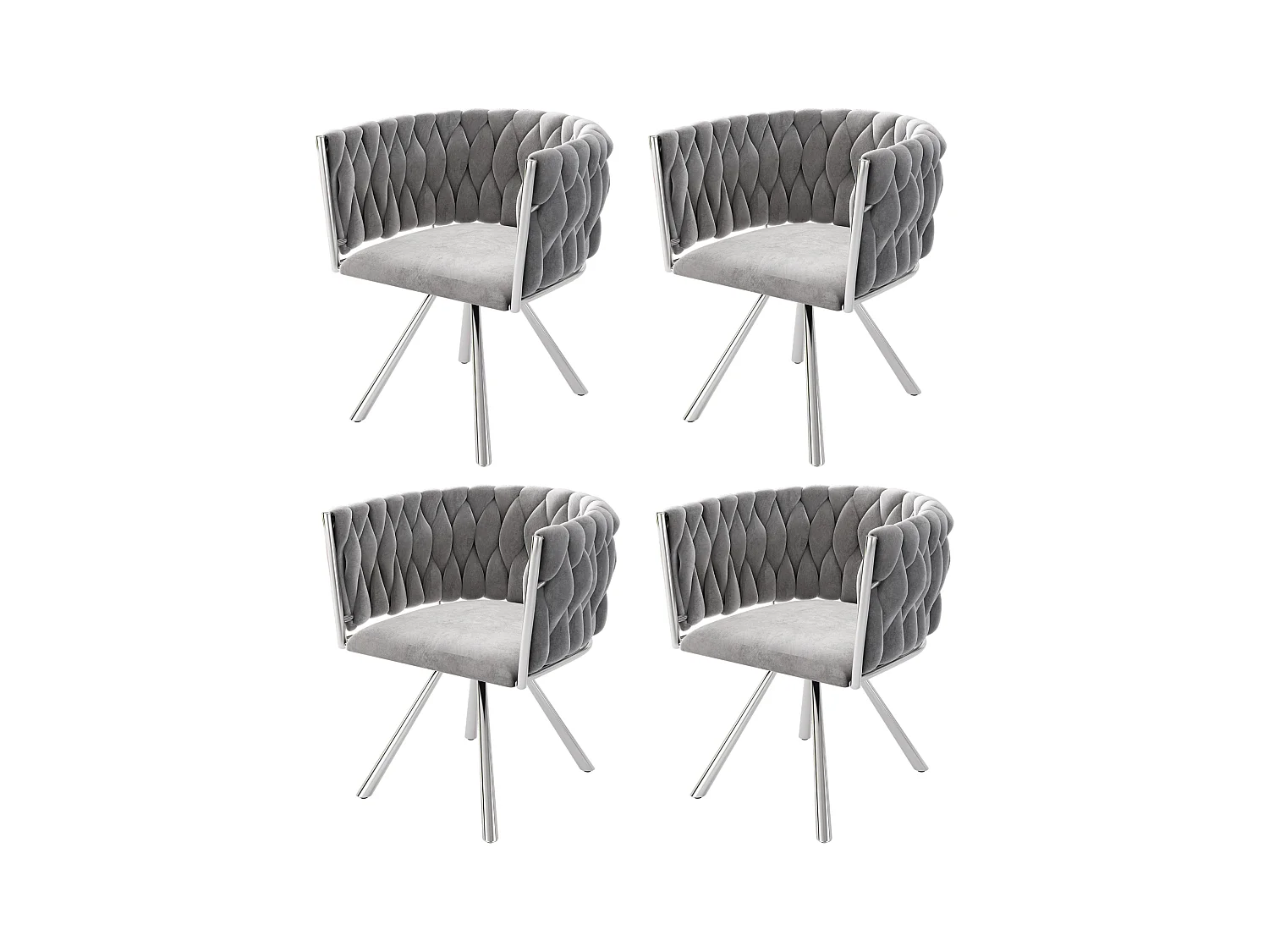 Lot de 4 chaises en velours gris, dossier rembourré, pieds en métal argenté - pour salle à manger et salon