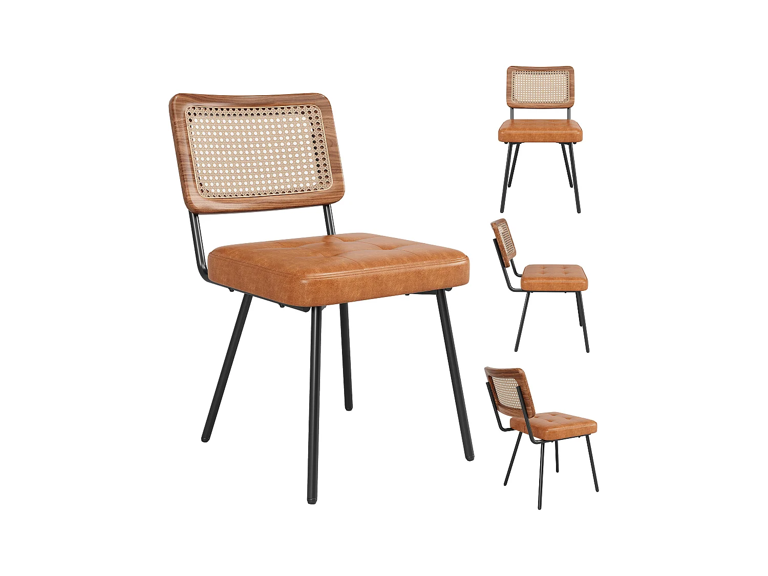 Lot de 4 chaises de salle à manger avec dossier en rotin et pieds en métal noir - PU marron