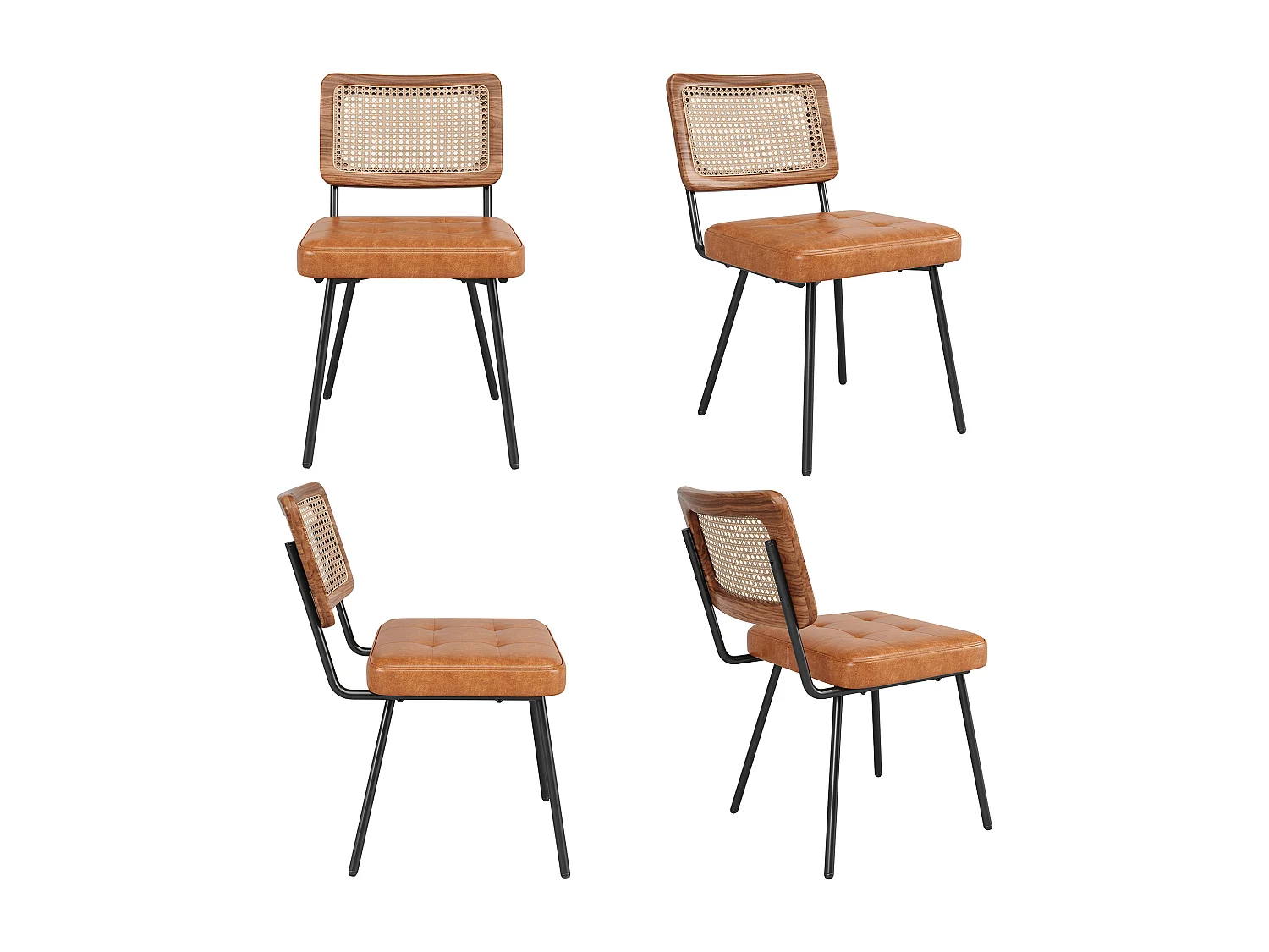 Lot de 4 chaises de salle à manger avec dossier en rotin et pieds en métal noir - PU marron