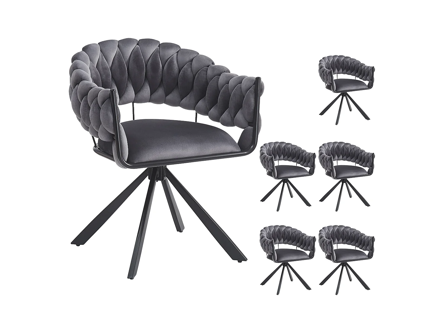 Lot de 6 chaises de salle à manger, velours gris, avec dossiers rembourrés, pieds métal en forme de griffe