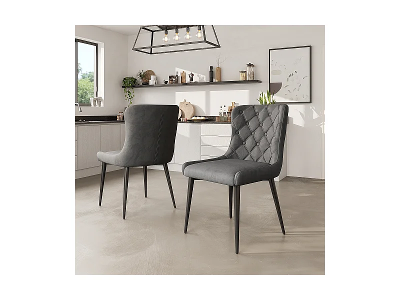 2 Esszimmerstühle mit gepolsterter Rückenlehne und schwarzen Eisenbeinen – grauer Samt