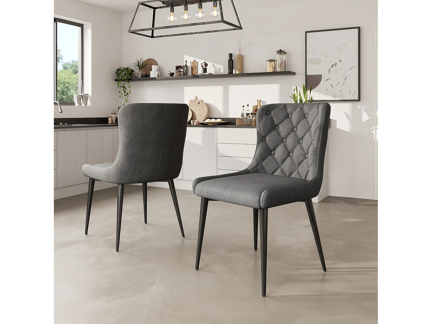 Lot de 2 chaises de salle à manger avec dossier rembourré et pieds en fer noir - velours gris