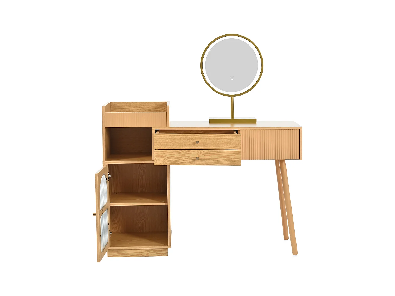Kaptafel in natuurlijke kleur met LED-spiegel, 1 deur en 3 lades - geschikt voor slaapkamer en kleedkamer (zonder kruk)