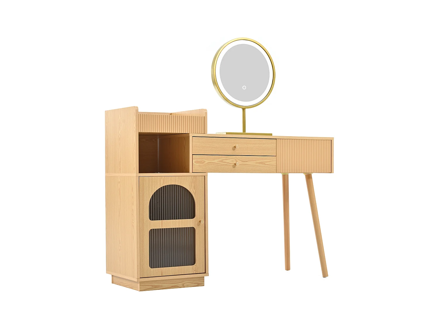 Kaptafel in natuurlijke kleur met LED-spiegel, 1 deur en 3 lades - geschikt voor slaapkamer en kleedkamer (zonder kruk)