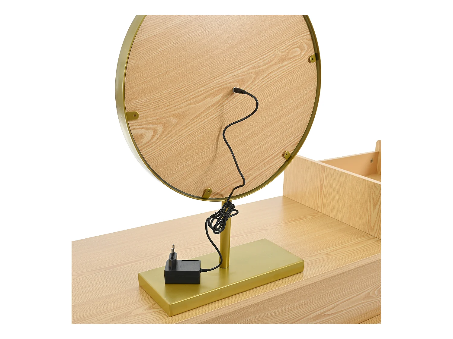 Kaptafel in natuurlijke kleur met LED-spiegel, 1 deur en 3 lades - geschikt voor slaapkamer en kleedkamer (zonder kruk)