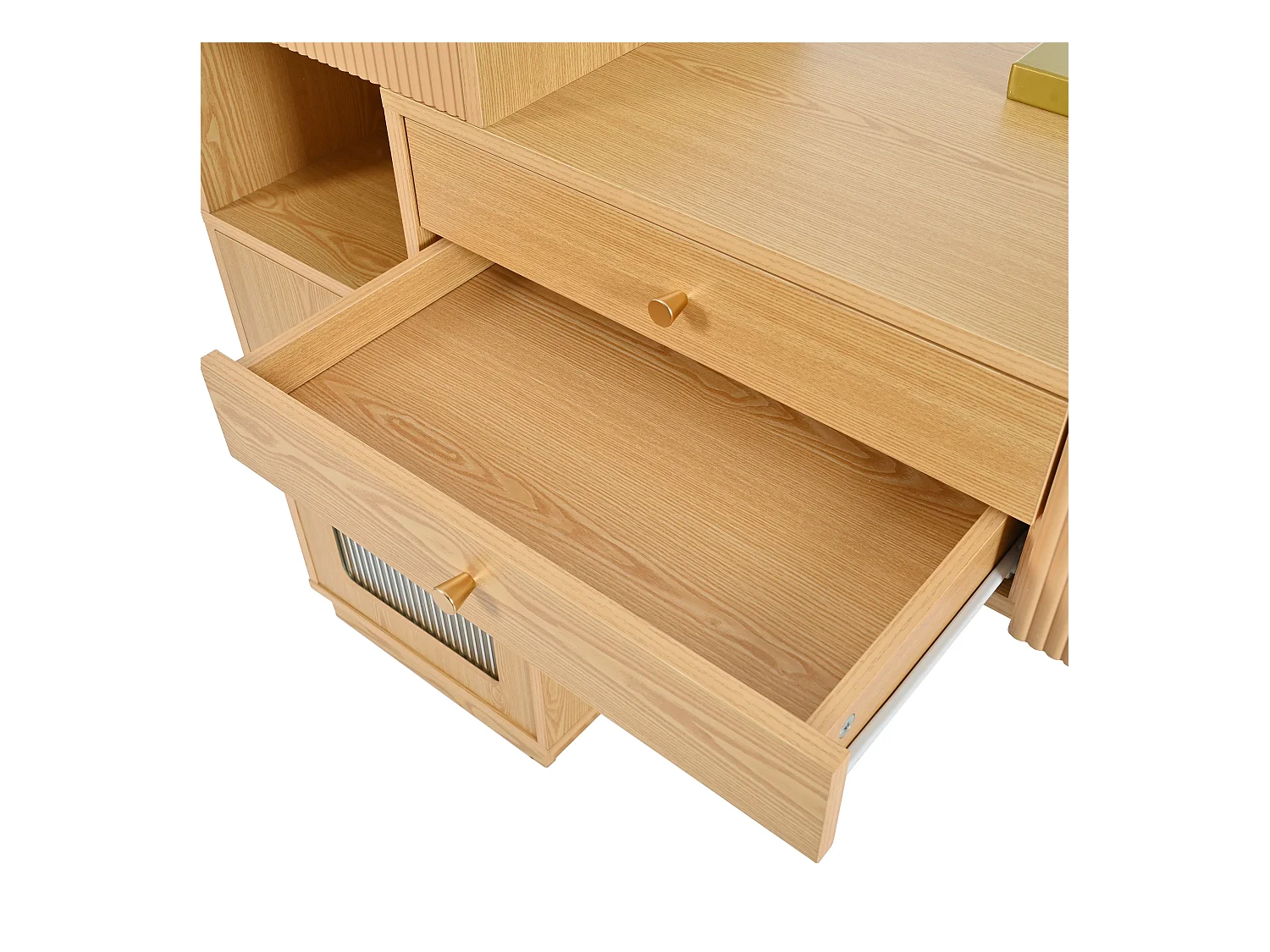 Kaptafel in natuurlijke kleur met LED-spiegel, 1 deur en 3 lades - geschikt voor slaapkamer en kleedkamer (zonder kruk)