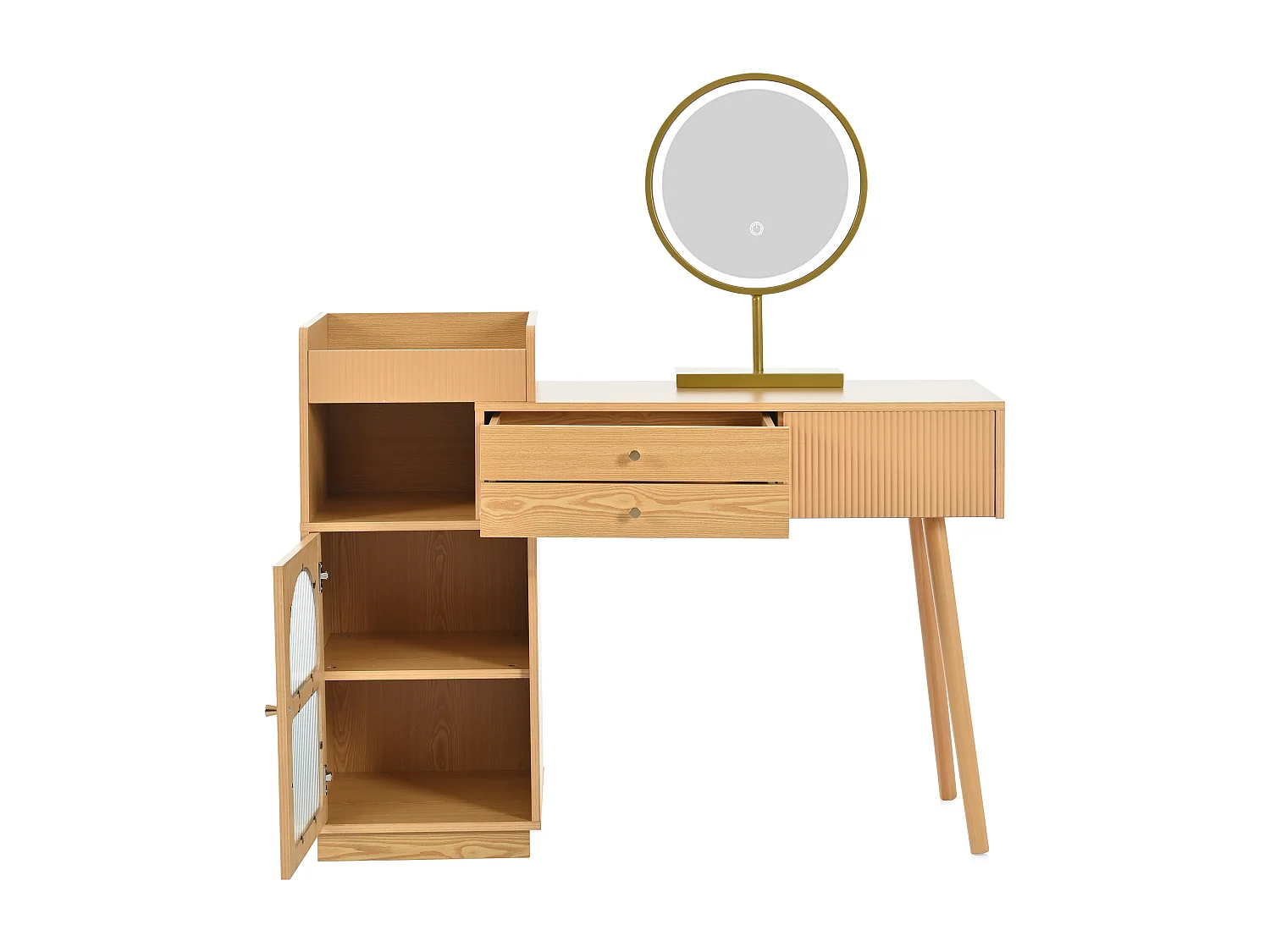 Naturfarbener Schminktisch mit LED-Spiegel, 1 Tür und 3 Schubladen – geeignet für Schlafzimmer und Ankleidezimmer (ohne Hocker)