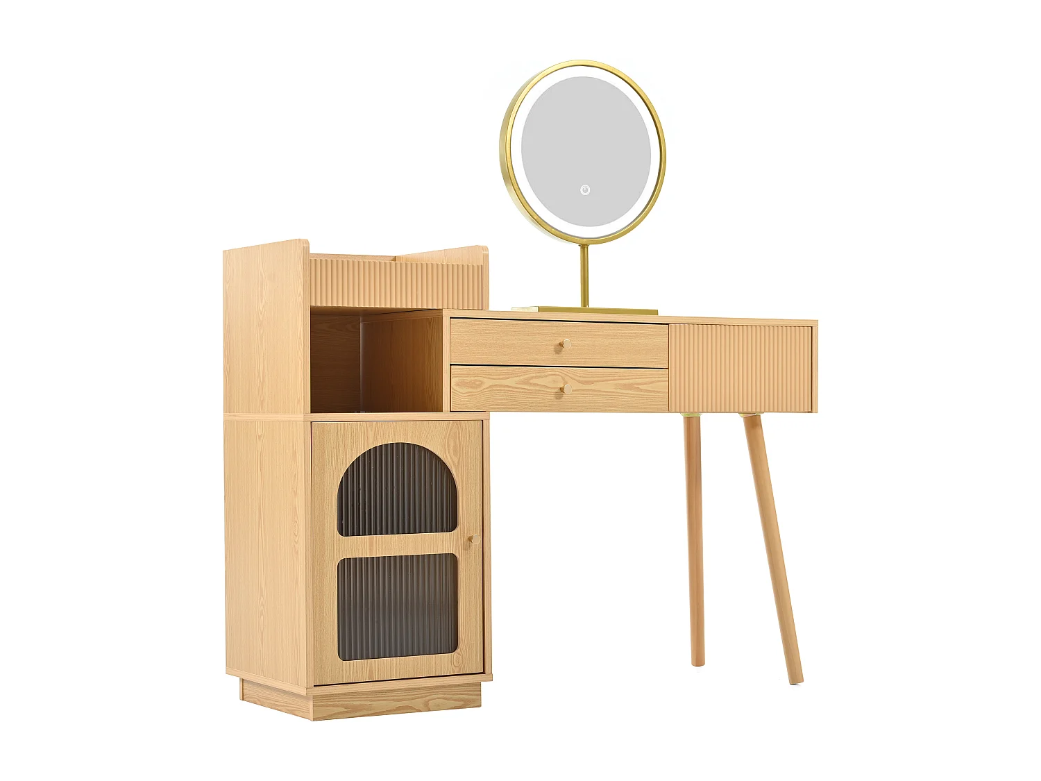 Naturfarbener Schminktisch mit LED-Spiegel, 1 Tür und 3 Schubladen – geeignet für Schlafzimmer und Ankleidezimmer (ohne Hocker)