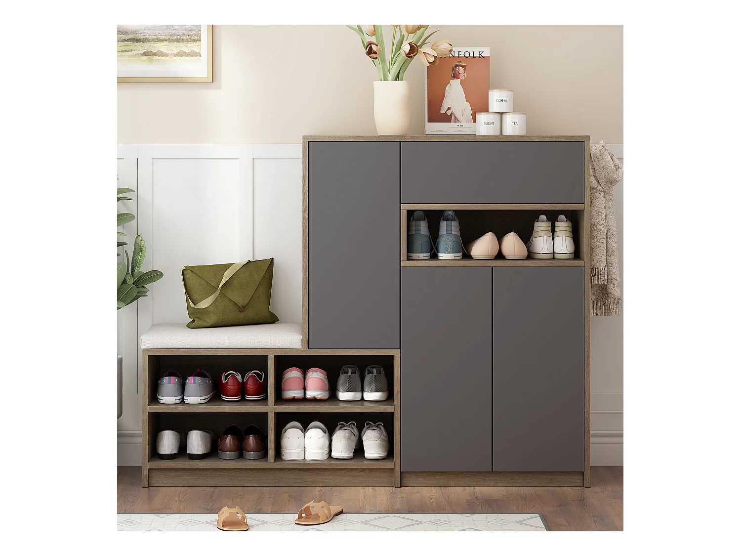 Meuble à chaussures avec banc à chaussures, 3 portes et 1 tiroir, bois et gris - pour le couloir