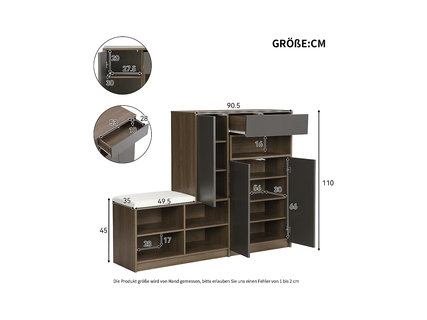 Meuble à chaussures avec banc à chaussures, 3 portes et 1 tiroir, bois et gris - pour le couloir