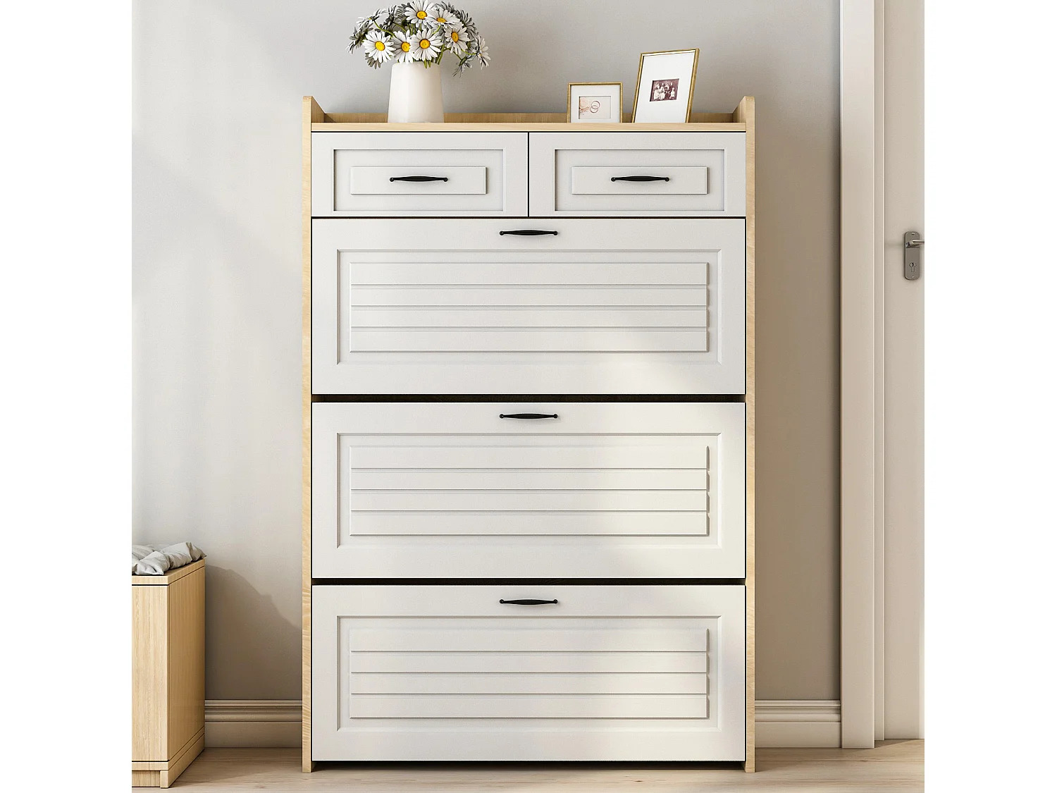 Meuble à chaussures d'entrée avec 3 portes à abattant et 2 tiroirs - blanc et naturel