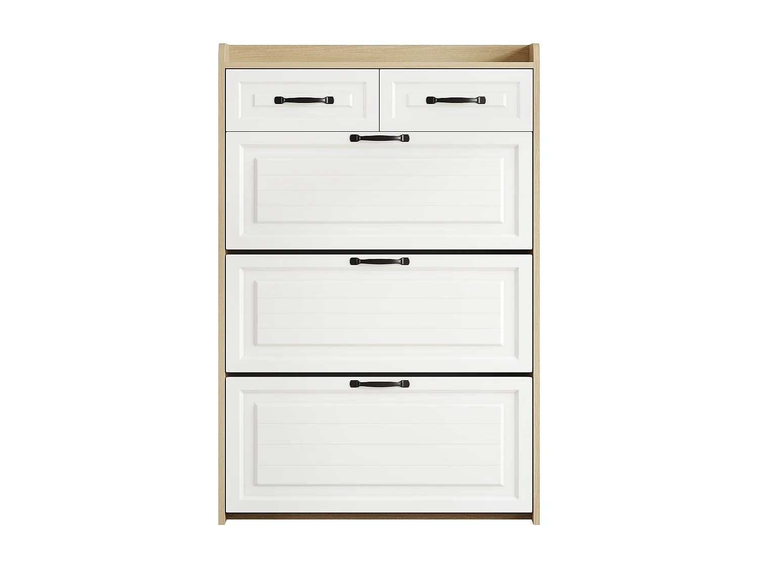 Meuble à chaussures d'entrée avec 3 portes à abattant et 2 tiroirs - blanc et naturel