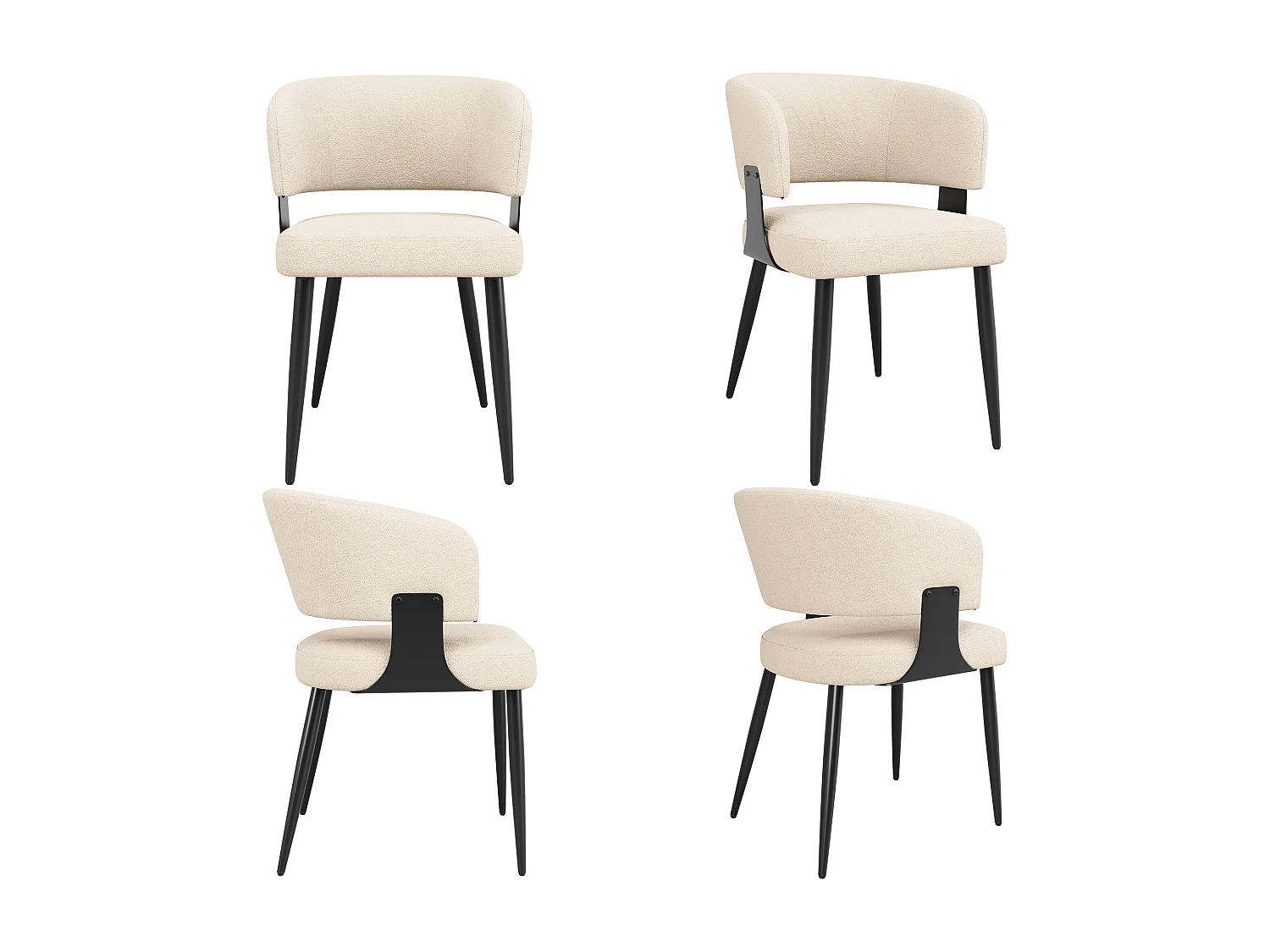 Lot de 4 chaises de salle à manger avec dossier courbé et pieds en métal noir - peluche beige