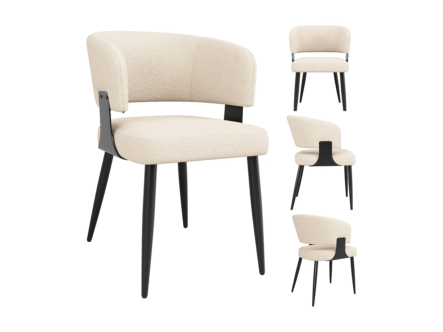 Lot de 4 chaises de salle à manger avec dossier courbé et pieds en métal noir - peluche beige