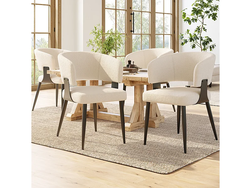 Lot de 4 chaises de salle à manger avec dossier courbé et pieds en métal noir - peluche beige