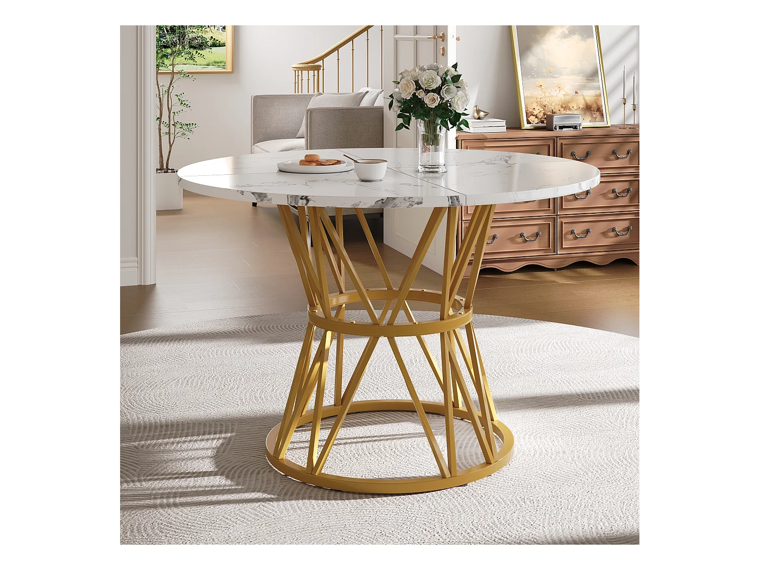 Table à manger ronde 100 cm, plateau en MDF effet marbre PVC, pieds en métal doré - pour salle à manger et salon