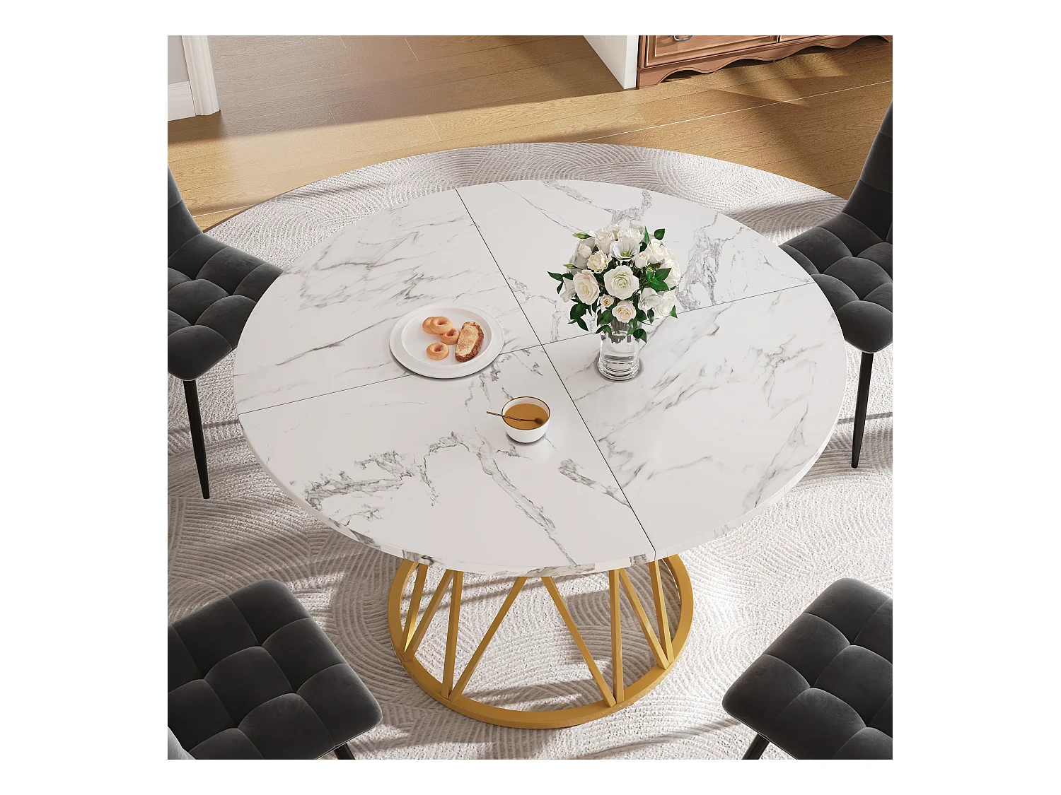 Table à manger ronde 100 cm, plateau en MDF effet marbre PVC, pieds en métal doré - pour salle à manger et salon