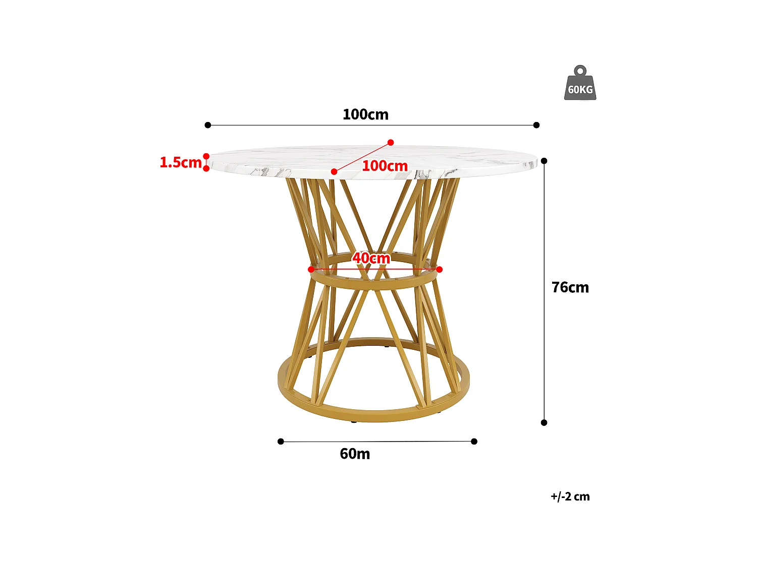 Table à manger ronde 100 cm, plateau en MDF effet marbre PVC, pieds en métal doré - pour salle à manger et salon