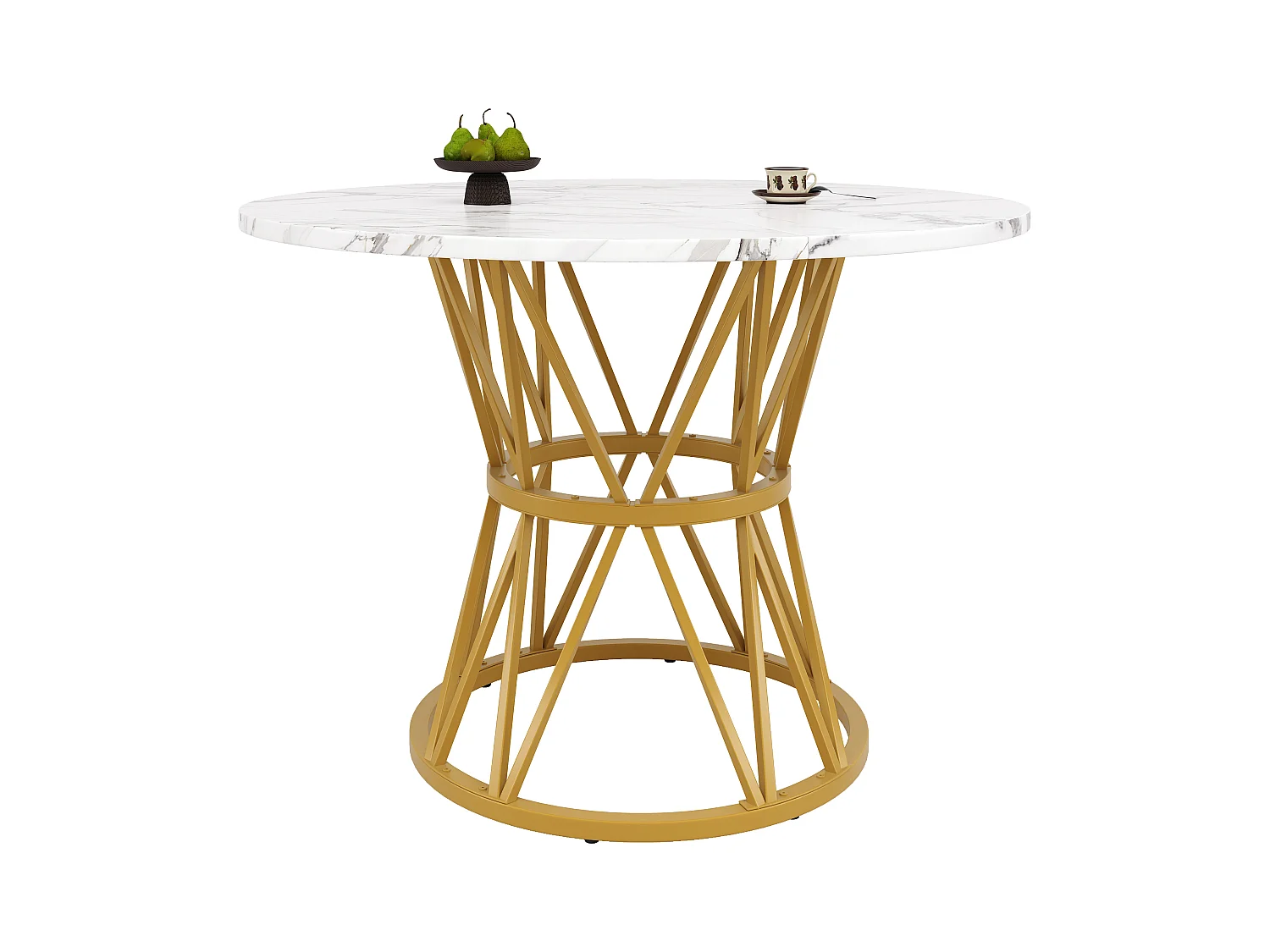 Table à manger ronde 100 cm, plateau en MDF effet marbre PVC, pieds en métal doré - pour salle à manger et salon