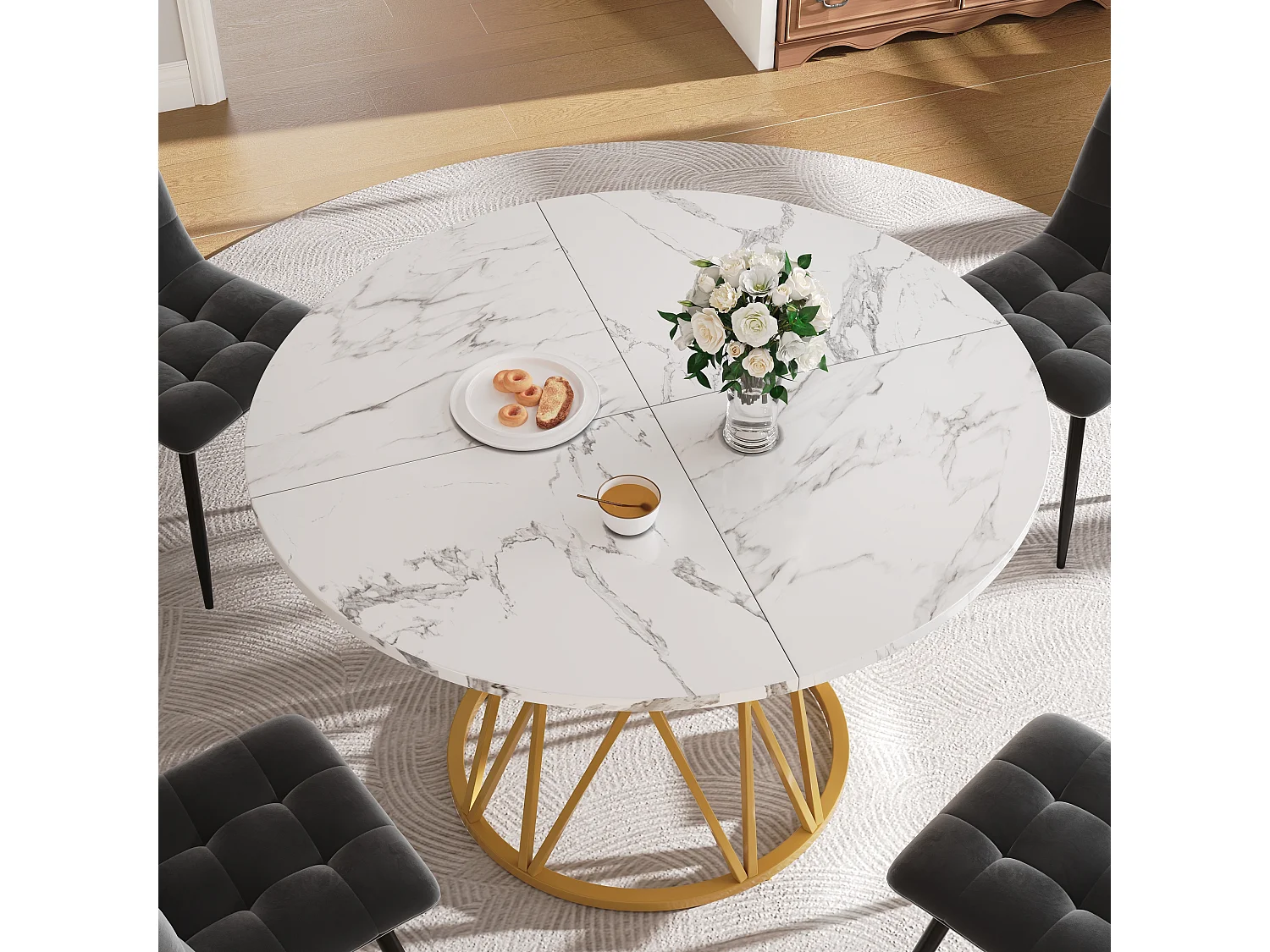 Runder Esstisch, 100 cm, PVC-MDF-Platte in Marmoroptik, goldene Metallbeine – für Ess- und Wohnzimmer