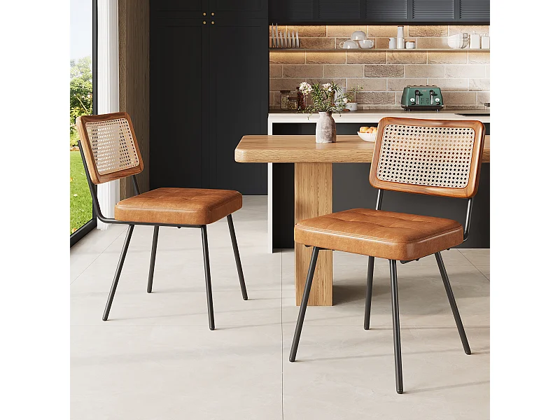 2 Esszimmerstühle mit Rattan-Rückenlehne und schwarzen Metallbeinen – braunes PU