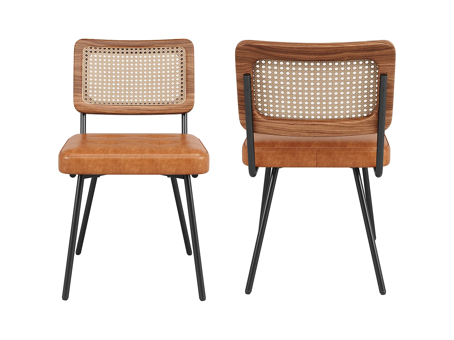 Lot de 2 chaises de salle à manger avec dossier en rotin et pieds en métal noir - PU marron