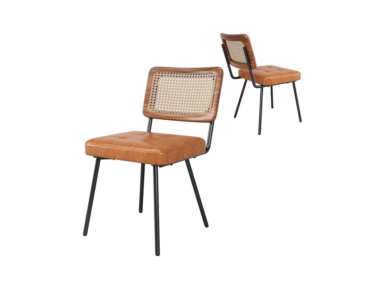 Lot de 2 chaises de salle à manger avec dossier en rotin et pieds en métal noir - PU marron