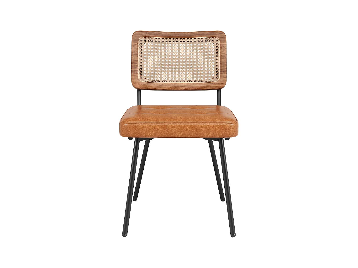 Lot de 2 chaises de salle à manger avec dossier en rotin et pieds en métal noir - PU marron