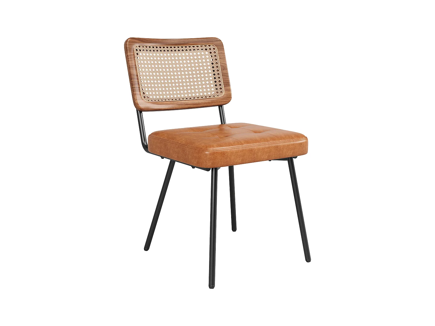 Lot de 2 chaises de salle à manger avec dossier en rotin et pieds en métal noir - PU marron