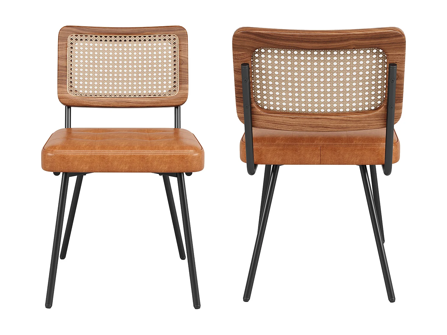 Lot de 2 chaises de salle à manger avec dossier en rotin et pieds en métal noir - PU marron