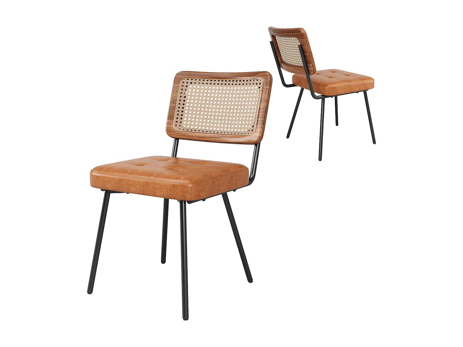 Lot de 2 chaises de salle à manger avec dossier en rotin et pieds en métal noir - PU marron