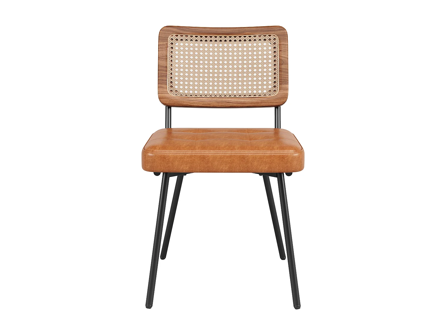 Lot de 2 chaises de salle à manger avec dossier en rotin et pieds en métal noir - PU marron