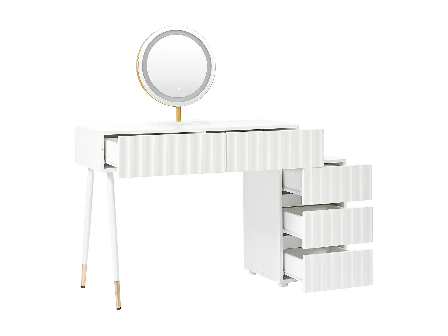 Coiffeuse blanche avec 5 tiroirs de rangement et miroir LED - Tabouret non inclus