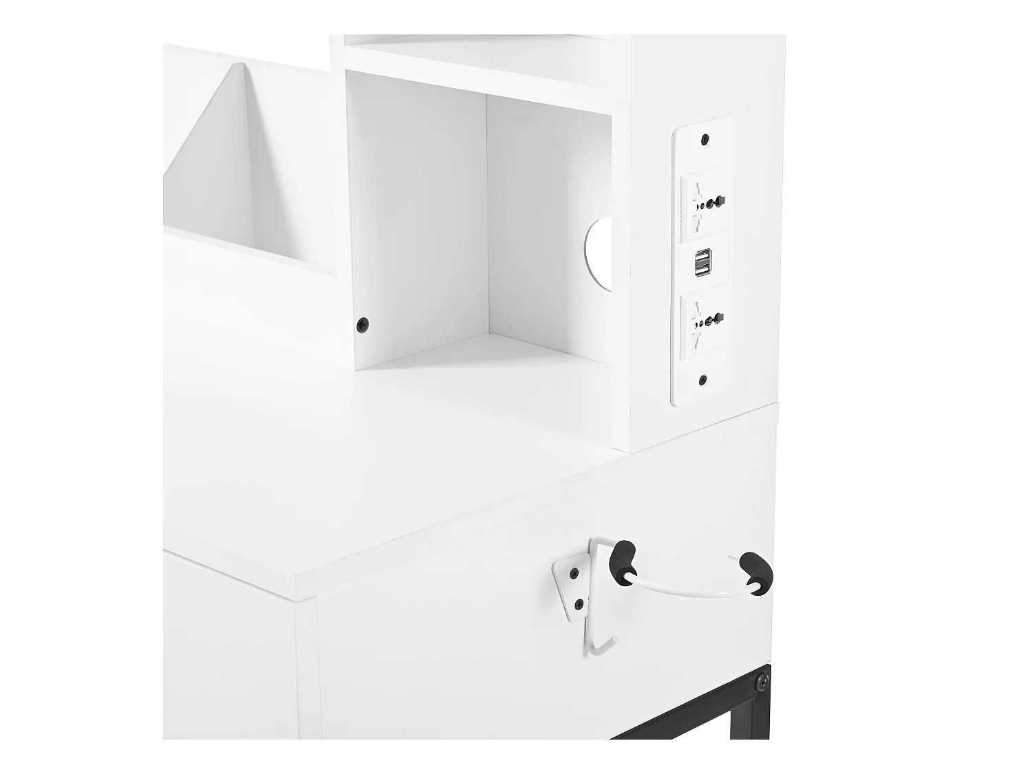 Coiffeuse blanche avec miroir LED et prise de courant, pieds en métal noir - tabouret inclus