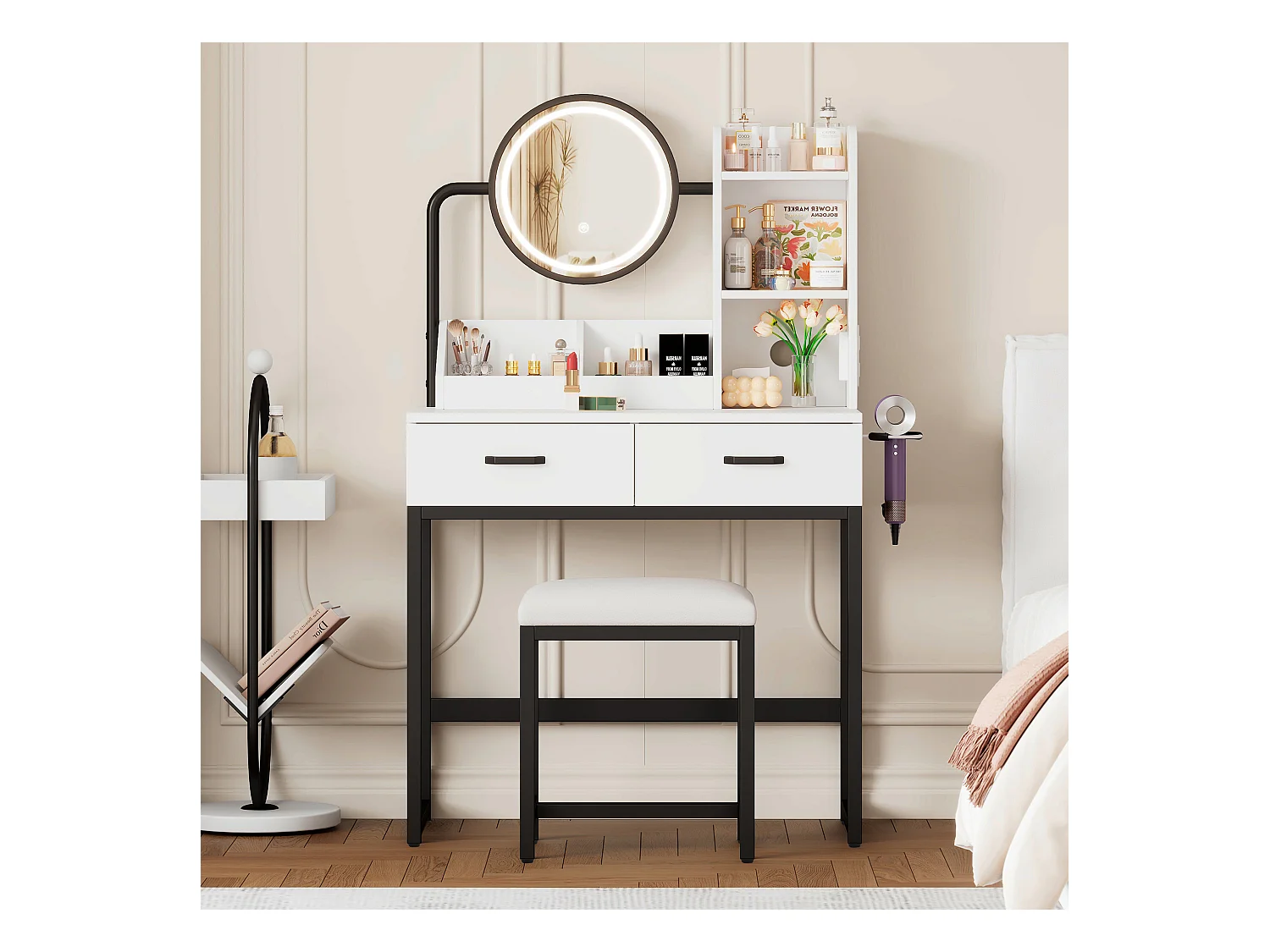 Coiffeuse blanche avec miroir LED et prise de courant, pieds en métal noir - tabouret inclus